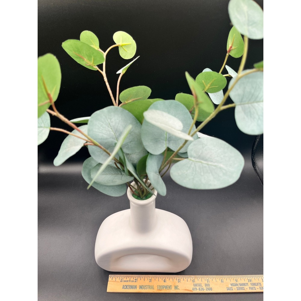 Abstract Modern Matte White Ceramic Donut Vase Faux Eucalyptus Greenery 8 x 6.5" - Picture 4 of 11